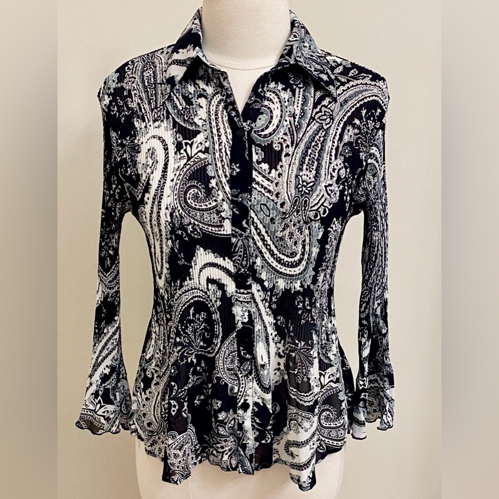 Sere Nade New York Black White Paisley S 70s Retro Vibe Artsy Boho Crinkle Top
